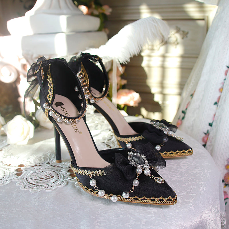 One Night - Flower Wedding Pointed Toe High Heels 34 black (6cm）