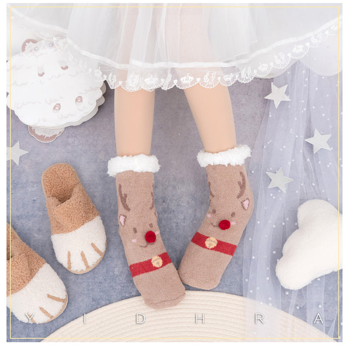 Yidhra~Coral Flannelette Warm Kawaii Lolita Christmas Socks   