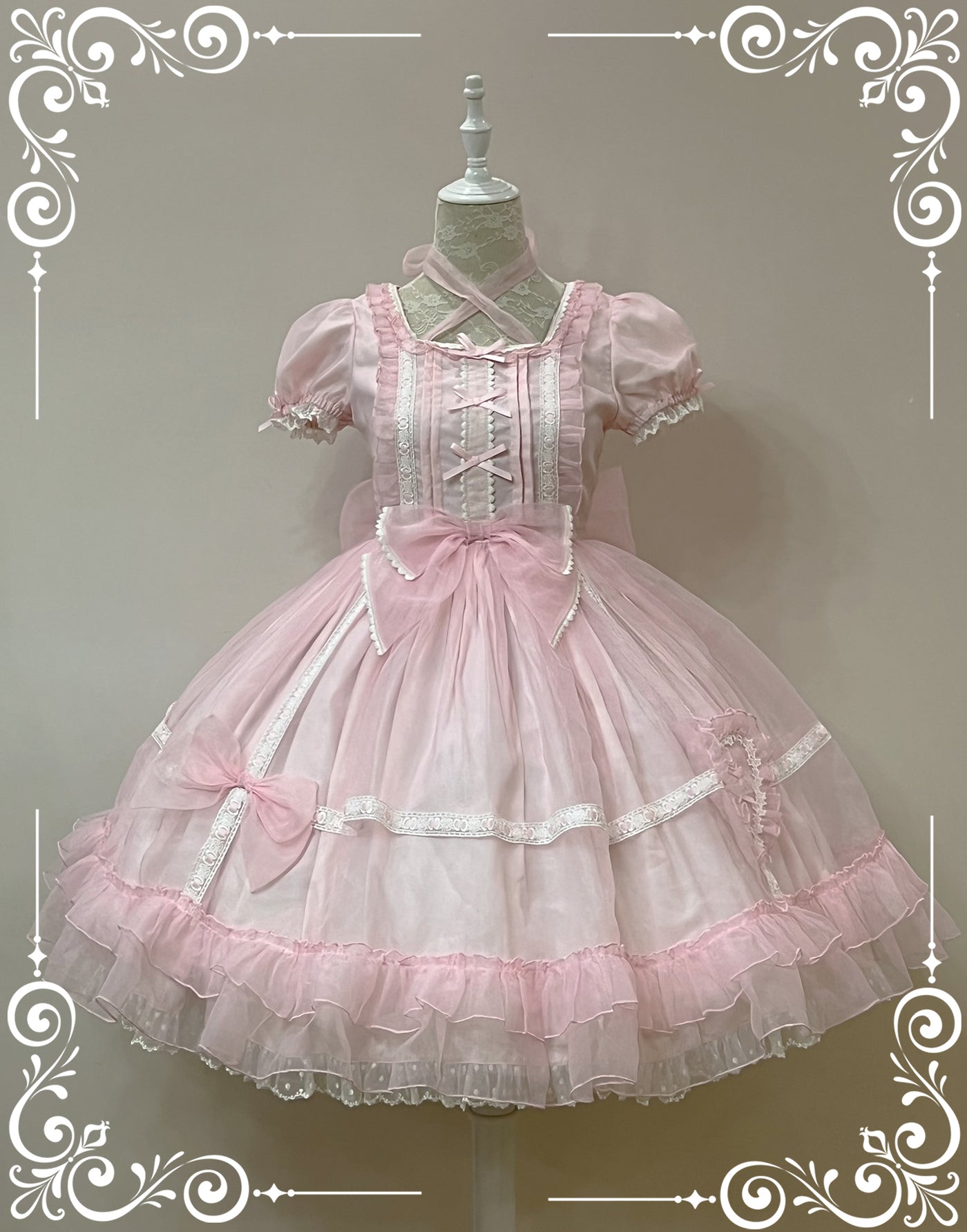 Little Bear~Mini Puff-Sleeve OP Dress with Organza S pink OP 