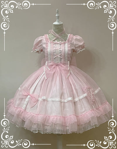 Little Bear~Mini Puff-Sleeve OP Dress with Organza S pink OP 