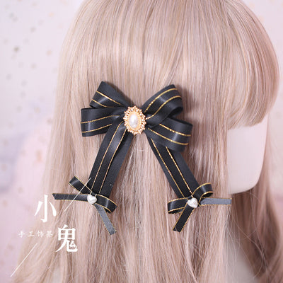 Xiaogui~Gothic Accessories Lolita Bow KC Hairclip No.12 pearl diamond golden line fish mouth clip  