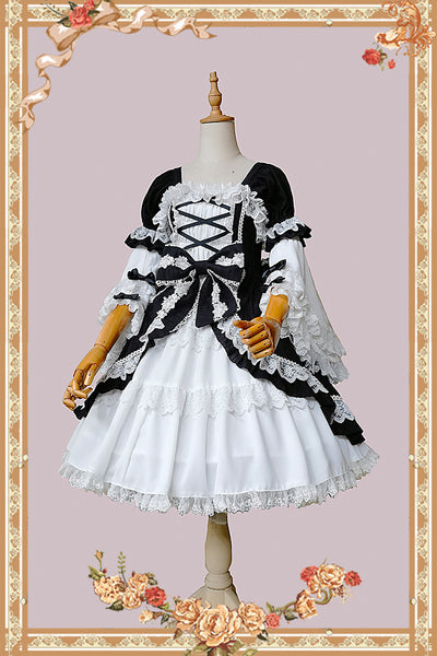 Infanta~Vintage Doll Patchwork Sleeve Lolita OP S black+white OP 