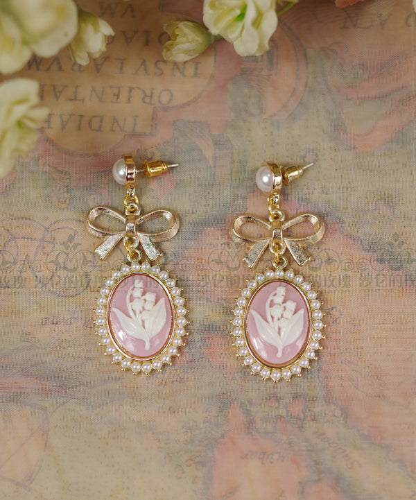Rose of Sharon - Retro Cameo Lolita Earrings pink ear studs (pair)