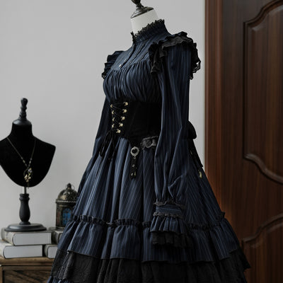 (Buyforme)Star Box Design～Gothic Lolita Embroidery Stripe Lolita OP S cyan 