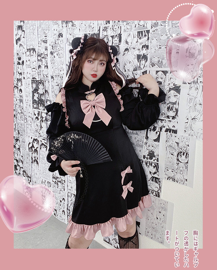 Yingtang~Plus Size Lolita Black Pink Cheongsam Dress Set 8218:104866