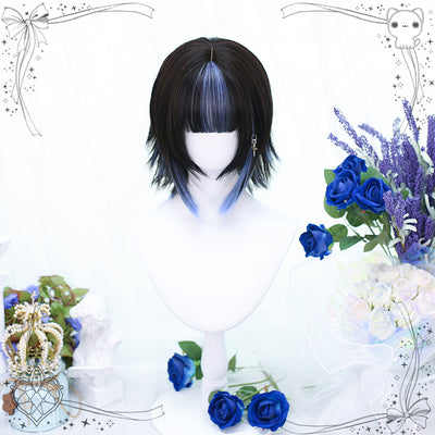 Dalao Home~Yeyu~Short Lolita Japanese Style Full Head Wig black-blue gradient (with hairnet)  