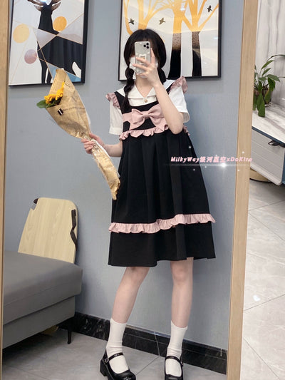 Milky Way~ Heartful Days Lolita Bow JSK Dress S black and pink 
