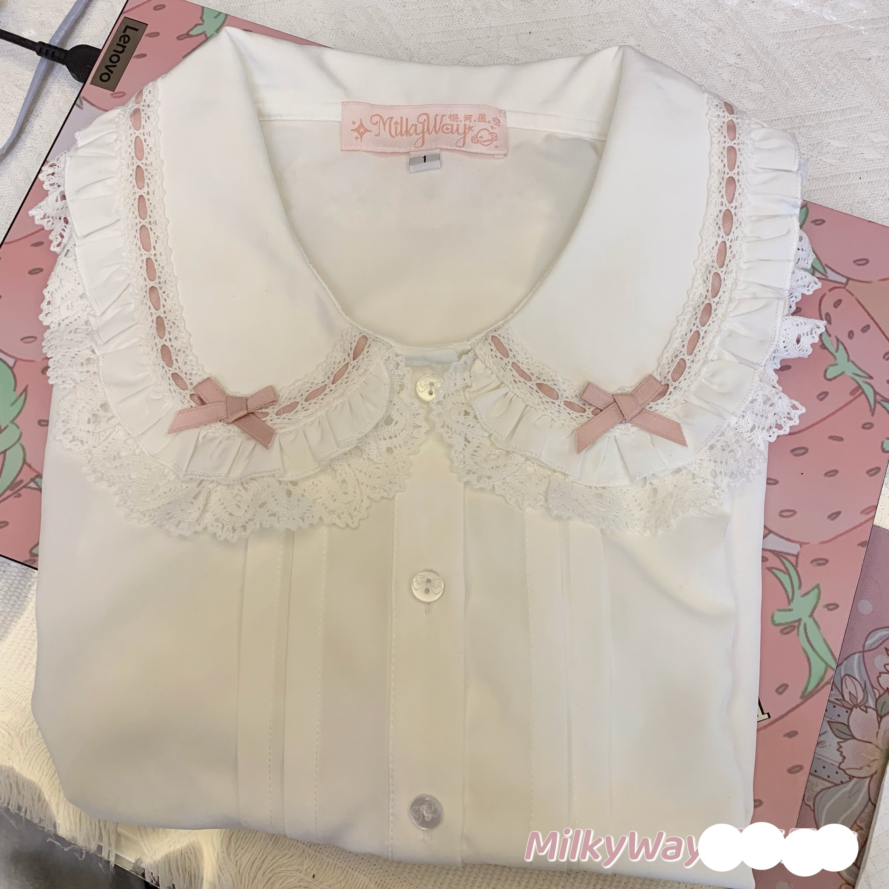 Milky Way - Peter Pan Collar Kawaii Lolita Blouse size 1 short sleeve white and smoke pink