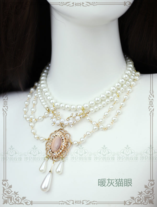 Rose of Sharon - Theresa - Vintage Wedding Lolita Necklace warm grey opal
