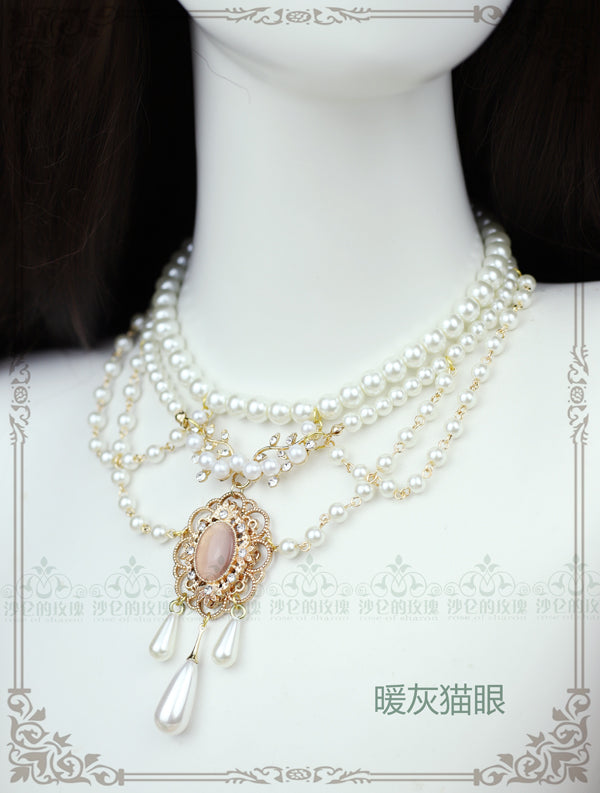 Rose of Sharon~Theresa~Vintage Wedding Lolita Necklace warm grey opal  