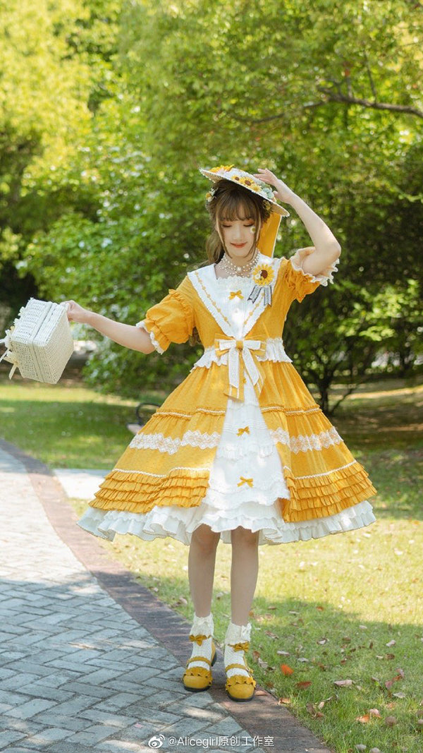 Alice Girl~Cotton Lolita Dress Sunflower Ruffle OP Dress   
