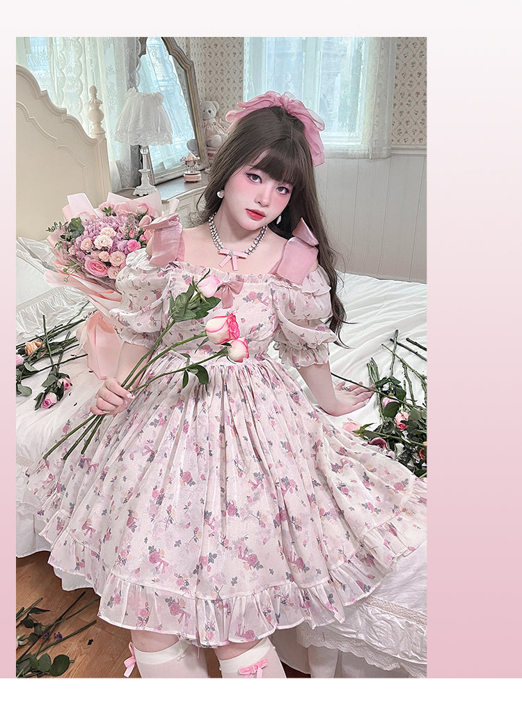 Yingtang~Plus Size Lolita Floral Print Lolita Dress   