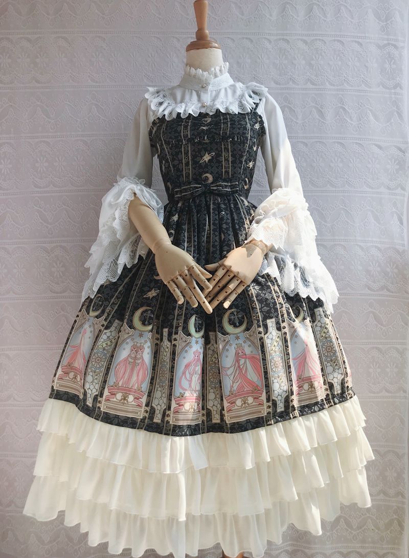 Yilia ~ Constellation Printing Chiffon Lolita JSK Dress XS black (short verion) 