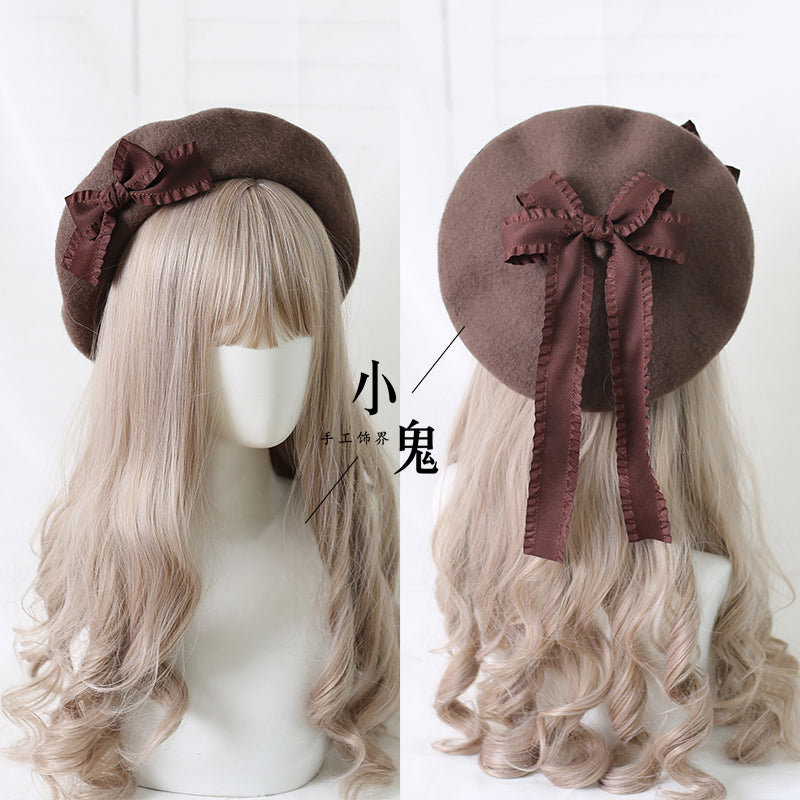 Xiaogui - Sweet Bow Multicolors Lolita Wool Beret M（56-58cm） coffee hat with coffee bows