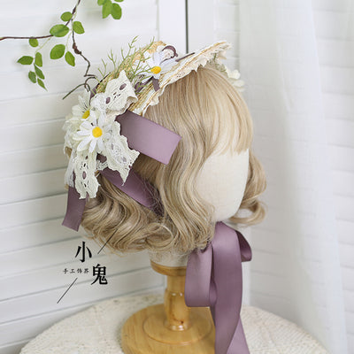 (BuyForMe) Xiaogui~Flower Lolita Tea Party Straw Hat Suitable for both adults and children (with clips) smoke purple 