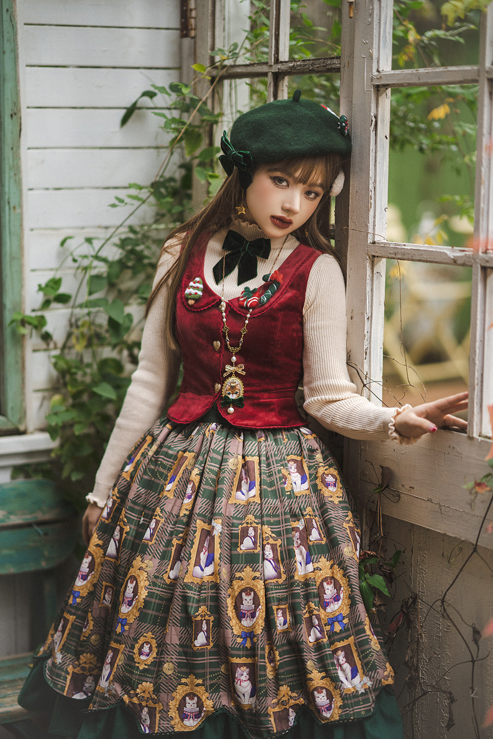 Miss Point~Christmas Preppy Style Velvet Lolita SK Vest Set   