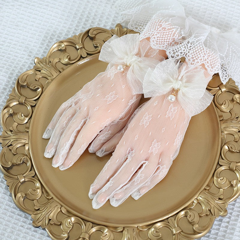 Xiaogui - Lace Bowknot Flower Vintage Lolita Gloves One Size ivory bow