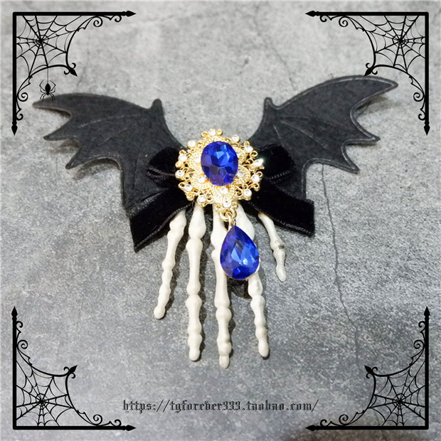 Fox Cherry~Gothic Lolita Batwing Hand Bones Hairclip blue big gem hairclip  