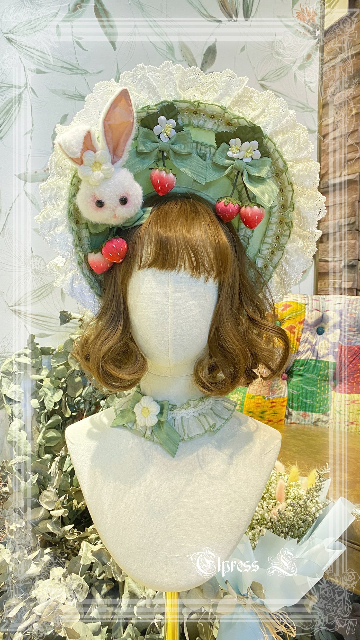 Elpress L~Strawberry Rabbit Lolita BNT Cuffs Choker green choker 