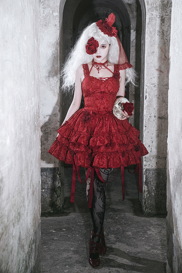 Alice Girl~Bloody Rose~Gothic Lolita Dress JSK Set XS wine red set 1 