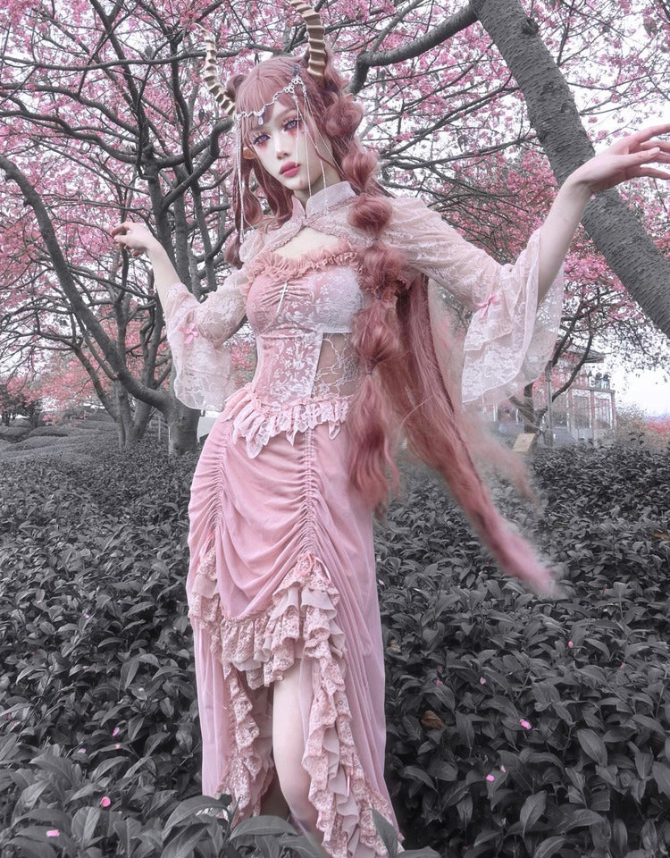 Blood Supply~Sakura Nightmare~Pink Gothic Velvet Drawstring Dress   