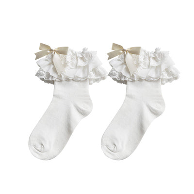 (BuyForMe) Mixiu~Lolita Bow Cotton Socks Lace Socks Free size short white with white bow 