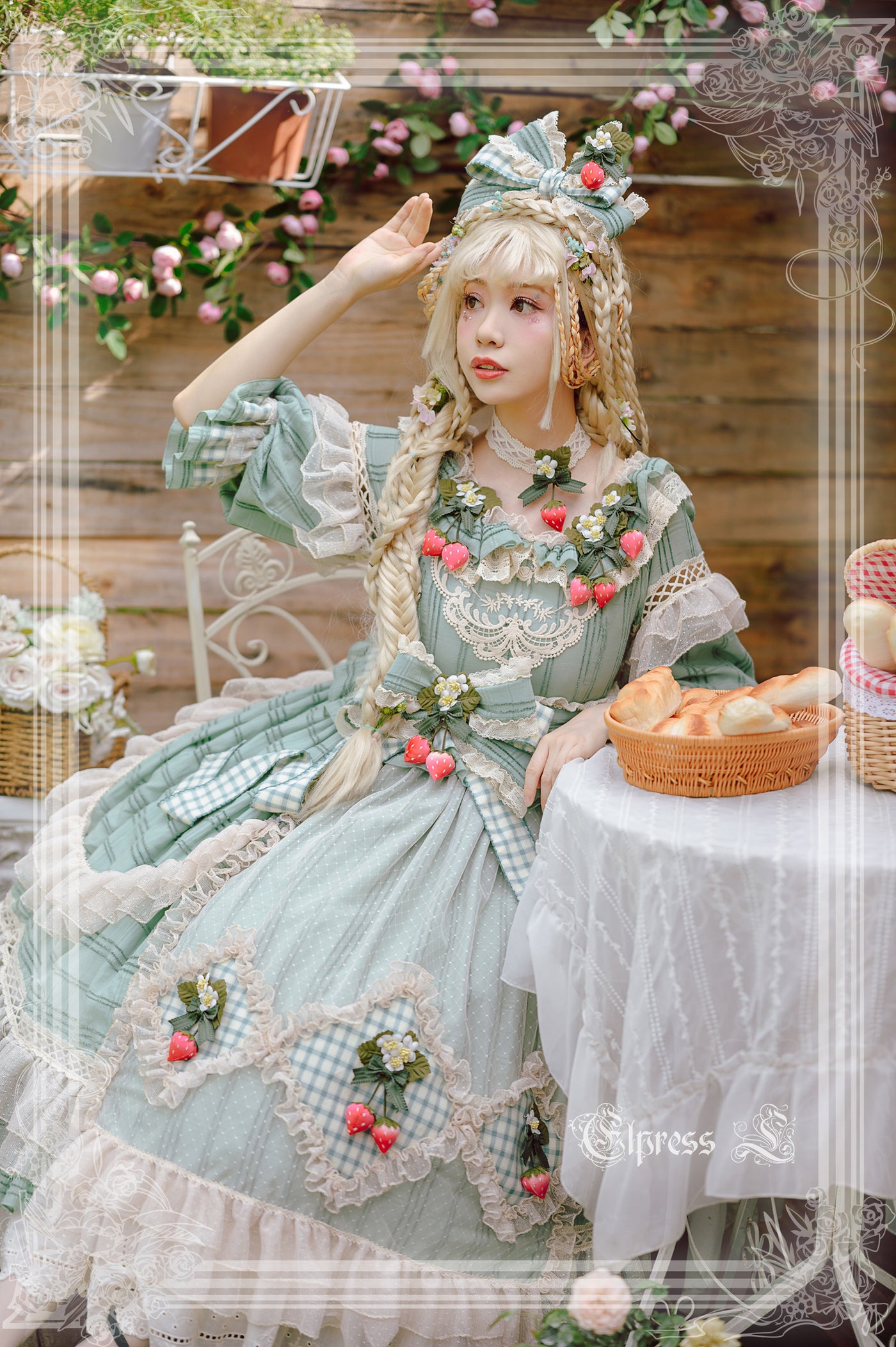 Elpress L~Peach Fragrance~Country Lolita Multicolors Strawberry Lolita OP Dress long XS green