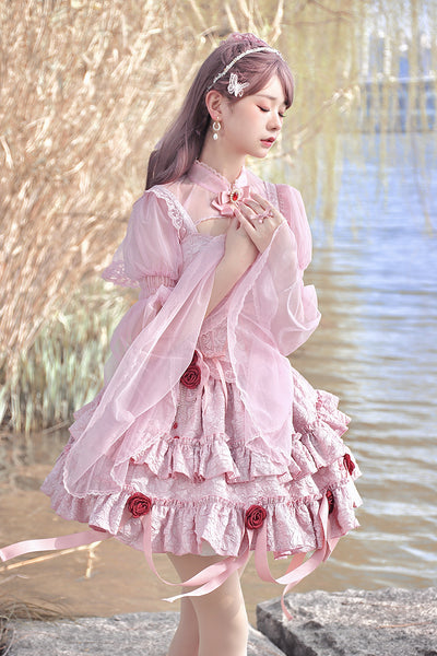 Alice Girl~Gothic Lolita SK Set~Blood Rose Skirt and Corset S pink color set 1 (top +skirt+choker+apron yarn veil) 
