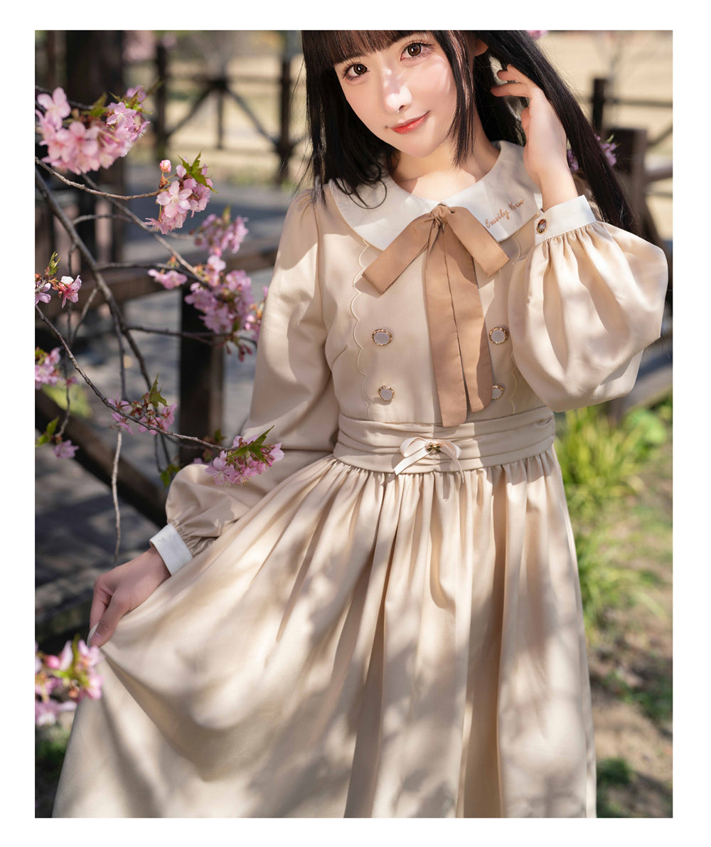 EESSILY~The Spring of Champs Elysees~Elegant Lolita Floral Embroidered OP S long sleeve beige apricot 