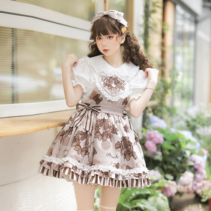 Eieyomi~Chocolate Garland~Kawaii Lolita Summer Dairy Salopette   