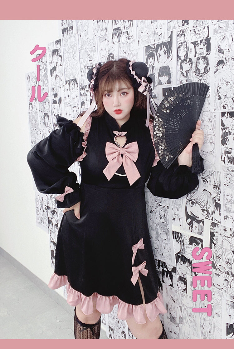 Yingtang~Plus Size Lolita Black Pink Cheongsam Dress Set 8218:104872