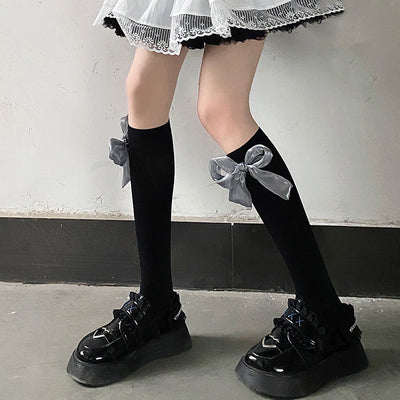 Night Study Room~Multicolors Bow JK Style Kawaii Lolita Stockings freesize grey bow + black stocking 