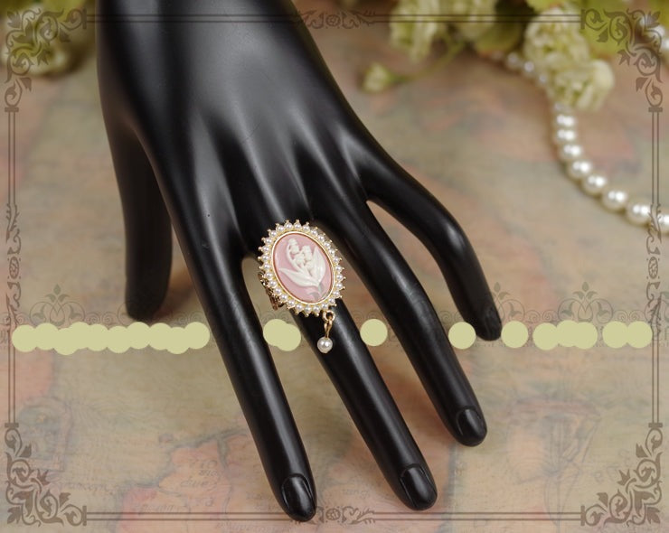 Rose of Sharon - Cameo Lolita Pearl Rings 4 Colors pink