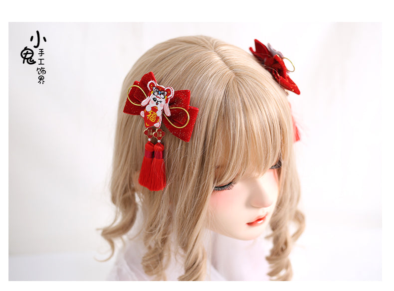 Xiaogui~New Year Red Sweet Han Lolita Rabbit Ear Hairclip   