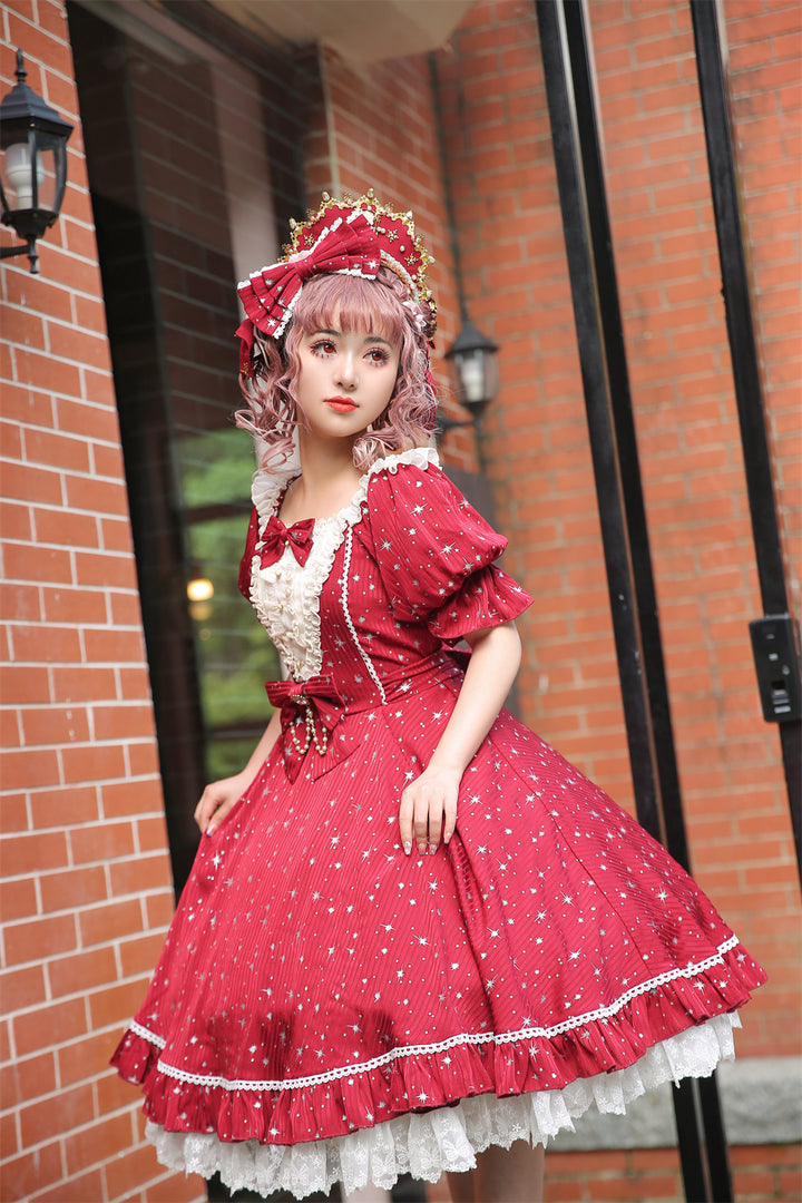 Strawberry Witch~Midsummer Star~Silver Foil Printing Lolita OP Dress XS wine red OP ( silver foil printing version) 