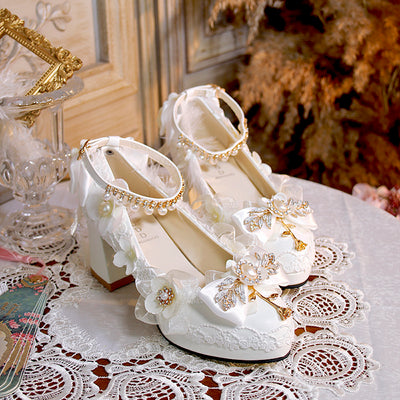 One Night~Wedding Lolita Floral Pointed Toe Heels 34 white 