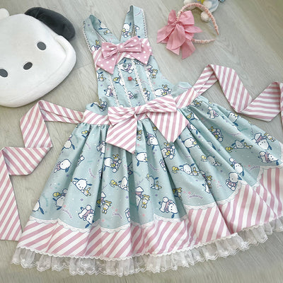 Confession Ballon~Sanrio Pudding Dog Print Kawaii Lolita Jumper Dress S Pochacco salopette (blue X pink) free gift bag+socks 