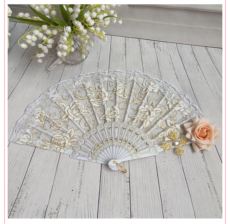 Cocoa Jam- Gothic Lolita Lace Gorgeous Folding Fan white fan+champagne rose