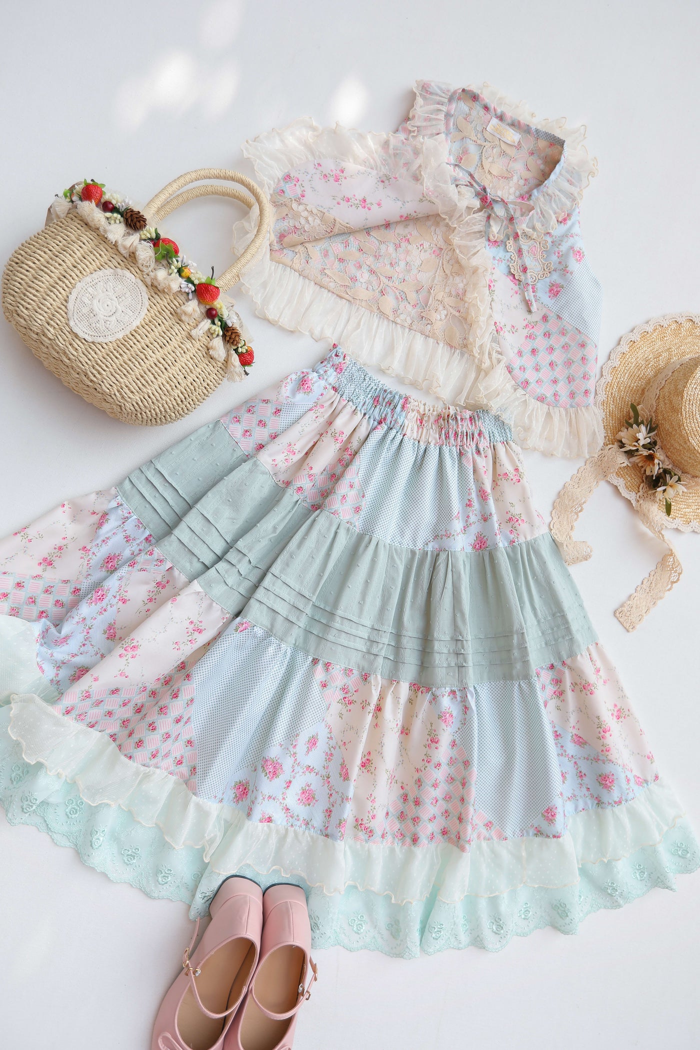 SweetDreamer~Nemo's Garden~Country Lolita Patchwork Skirt Free size Alice blue patchwork skirt/length 72cm 