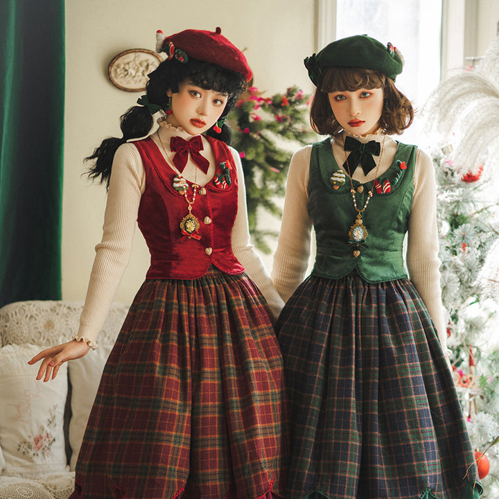 Miss Point~Christmas Preppy Style Velvet Lolita SK Vest Set   