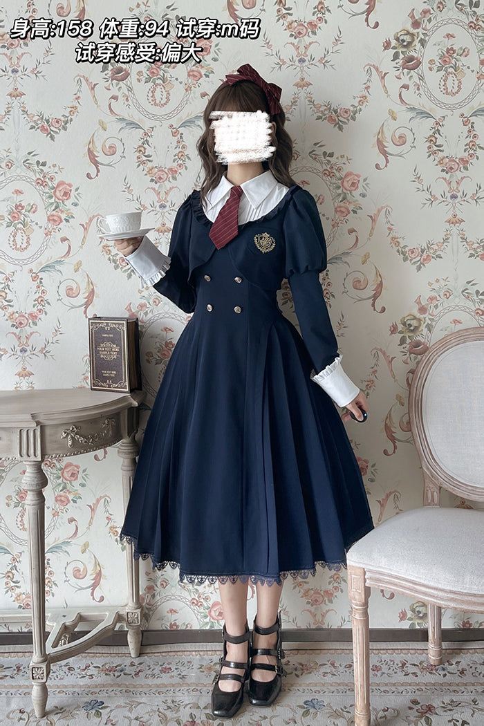 Alice Girl~Greene College~Preppy Style Fake Two-piece Lolita OP XS cyan 