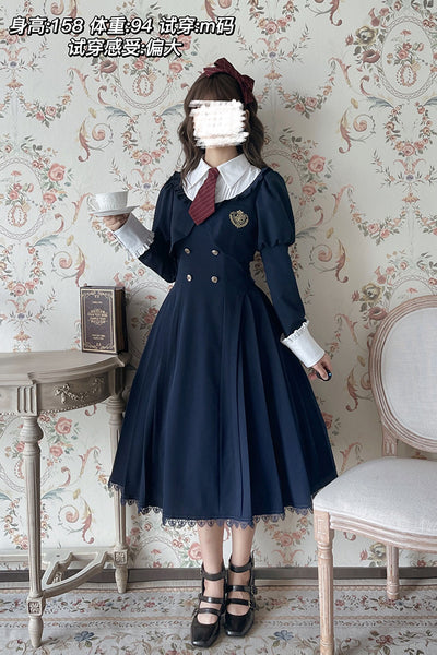 Alice Girl~Greene College~Preppy Style Fake Two-piece Lolita OP XS cyan 