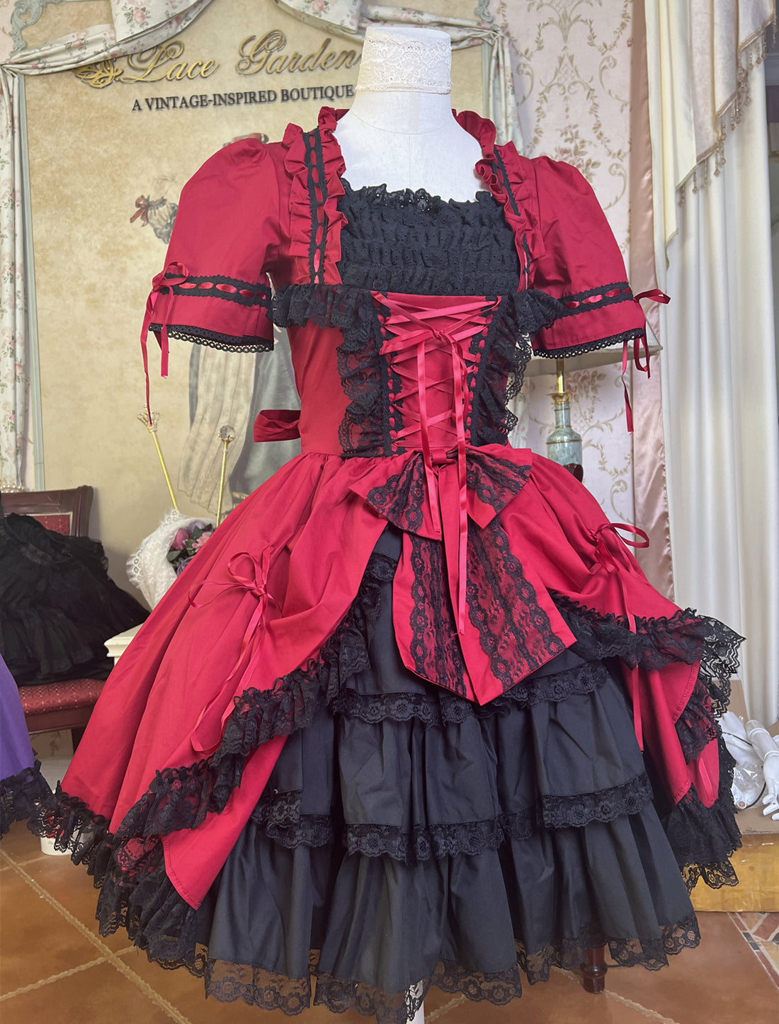 Lace Garden - Miss Rella - Vintage Retro Lolita OP Dress, Custom Sizes Wine Red XS