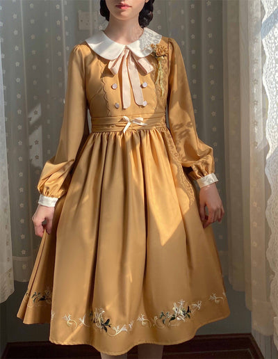 EESSILY~The Spring of Champs Elysees~Elegant Lolita Floral Embroidered OP S long sleeve gingko yellow 