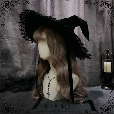 Rose Thorn~Black Wizard~Velvet Daily Lolita Hallowen Hat daily hat brim (new version)  
