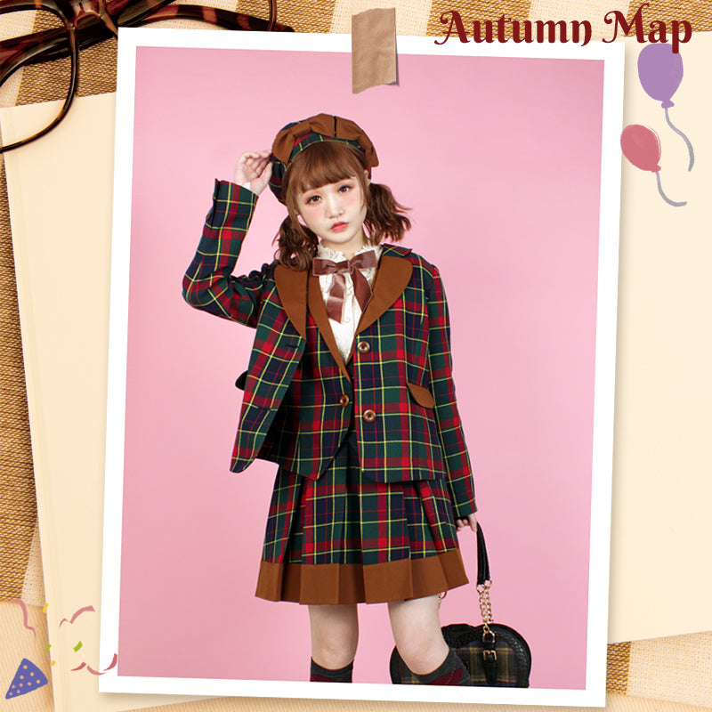 Pumpkin Cat~Autumn Map~JK Fashion Plaid Jacket Vest Suit   