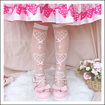 Roji roji~Super Thin Summer Lolita Knee Socks over knee socks pink bow on white background 