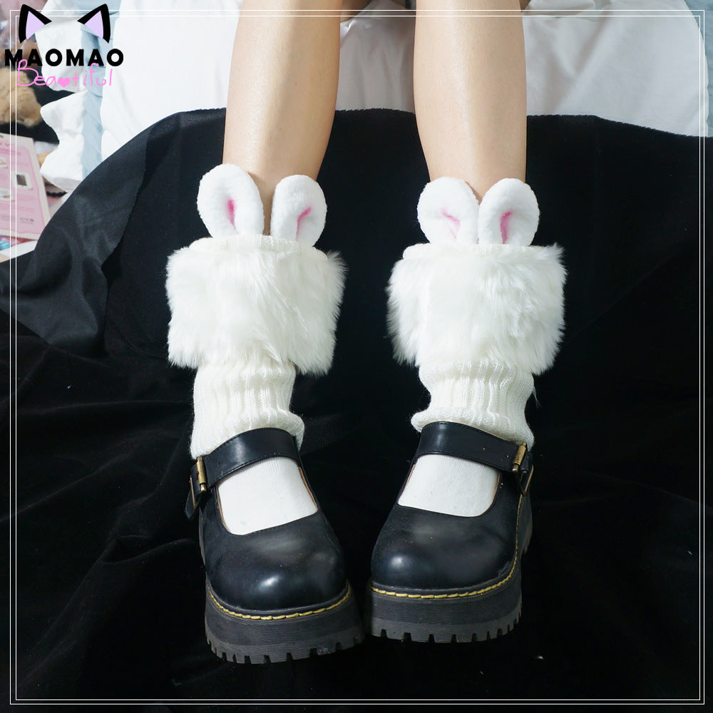 Kawaii Lolita Fluffy Rabbit Ears Leg Warmer rabbit ears+white fluffy leg sleeves free size 