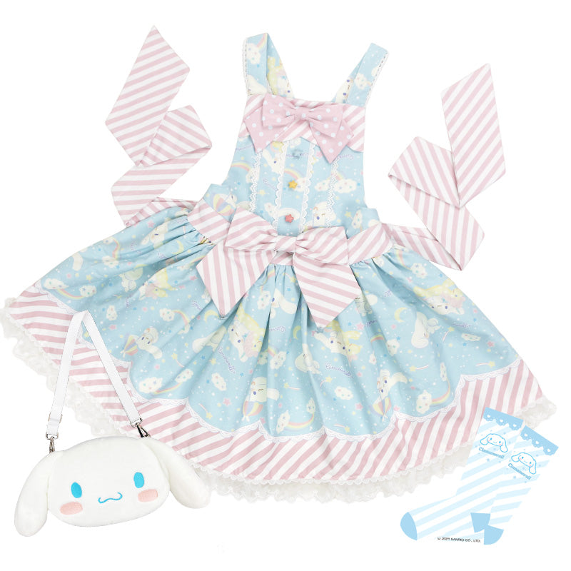 Confession Ballon~Sanrio Pudding Dog Print Kawaii Lolita Jumper Dress S Cinnamoroll Salopette (blue X pink) free gift bag +socks 