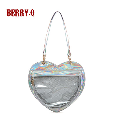 BerryQ~Casual lolita Ita Bag Transparent Heart-shaped Daily Bag laser silver  